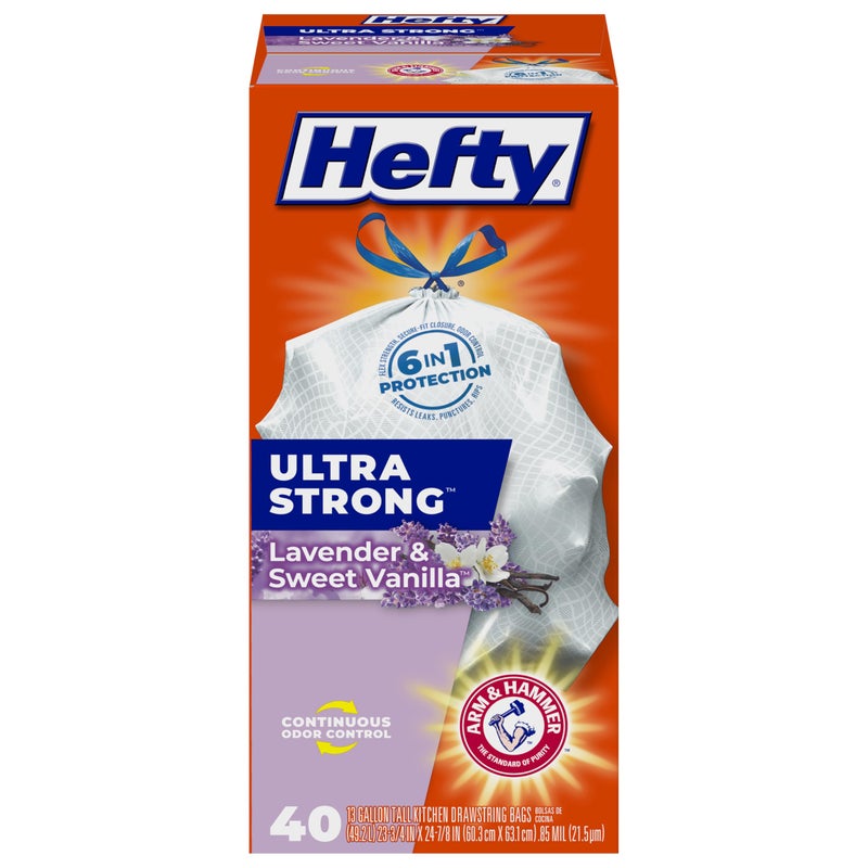 Hefty Ultra Strong 13 Gallon Trash Bags, Tall Kitchen Trash Bags 13 Gallon Size, Drawstring Closure, Continuous Odor Control, White, Lavender and Sweet Vanilla Scent, 40 Bags - Image 1